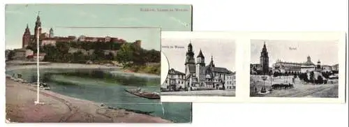 Leporello-AK Kraków, Zamek na Wawelu, Stadttheater, Universität, Rondell, Tuchhalle, Ringplatz