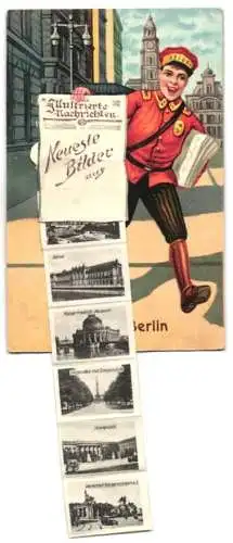 Leporello-AK Berlin, Zeitungsjunge, Brandenburger Tor, Nationalgalerie, Siegesallee, Börse