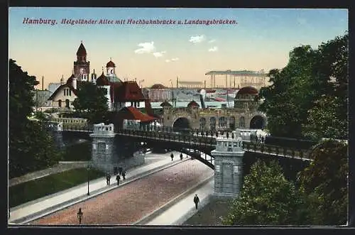 AK Hamburg-St. Pauli, Helgoländer Allee mit Hochbahnbrücke und Landungsbrücke