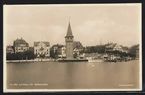 AK Lindau i. B., Seehafen mit Dampfer und Turm