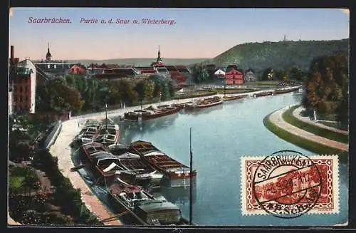 AK Saarbrücken, Partie a. d. Saar mit Winterberg