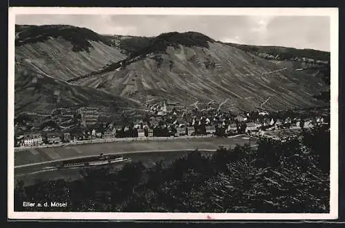 AK Eller a. d. Mosel, Ortsansicht am Fluss mit Dampfer
