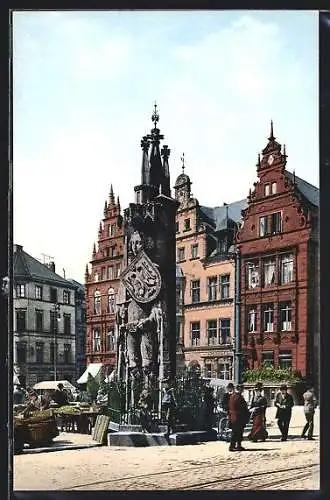 AK Bremen, Statue des Roland mit Wappen