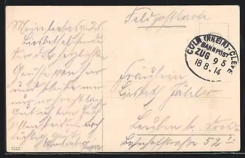 AK Bahnpoststempel Köln /Rhein-Cleve 1914, Zug 95