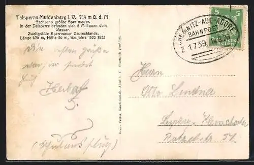 AK Bahnpoststempel Chemnitz-Aue-Adorf, Zug 1739