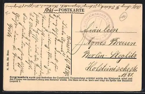 AK Lazarettstempel Deutsch. Kriegslazarett 2, Brüssel