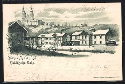 Lithographie Maria Trost, Bahnhof Elektrische Bahn und Kirche, Strassenbahn