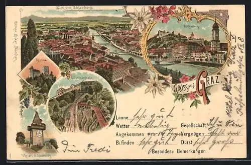 Lithographie Graz, Gösting, Schlossberg, Schlossbergbahn, Blick vom Schlossberg