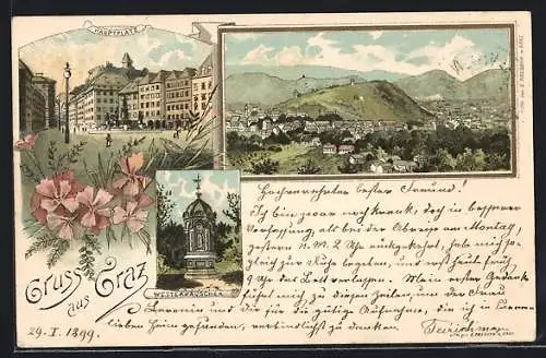 Lithographie Graz, Hauptplatz, Totalansicht, Wetterhäuschen