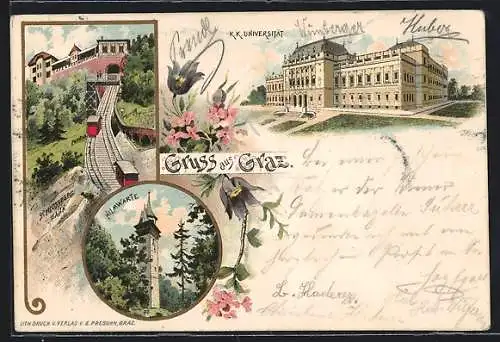 Lithographie Graz, K. k. Universität, Schlossberg-Bahn, Hilmwarte