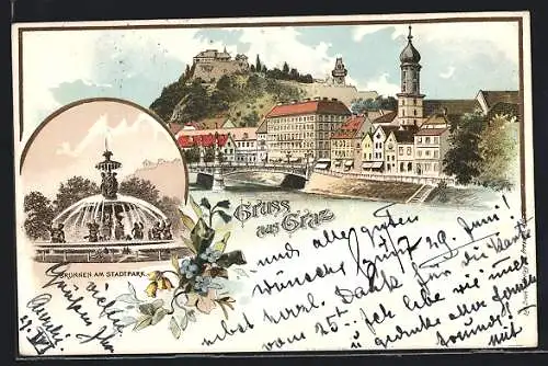 Lithographie Graz, Brunnen am Stadtpark, Teilansicht der Stadt mit Blick zum Schlossberg