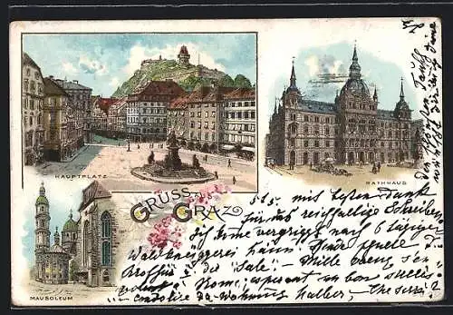 Lithographie Graz, Mausoleum, Hauptplatz mit Blick auf den Schlossberg, Rathhaus