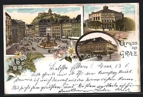 Lithographie Graz, Landes- und Stadt-Theater, Hauptplatz