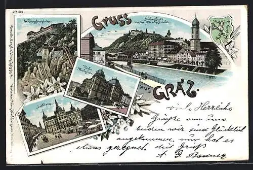 Lithographie Graz, Schlossbergbahn, Schlossberg von der Albrechtsbrücke, Rathaus, Techn. Hochschule