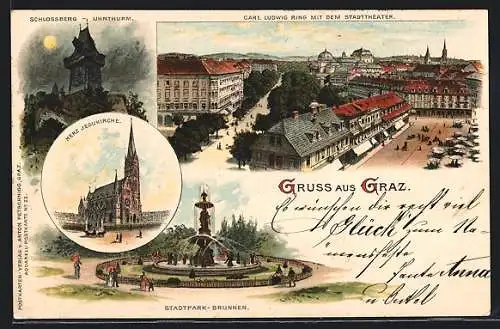 Lithographie Graz, Schlossberg-Uhrturm bei Vollmond, Herz-Jesukirche, Carl Ludwig Ring mit dem Stadttheater