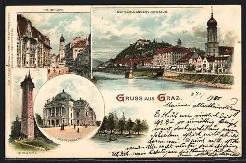 Lithographie Graz, Murplatz, Schlossberg mit der Mur, Hilmwarte und -teich, Stadttheater