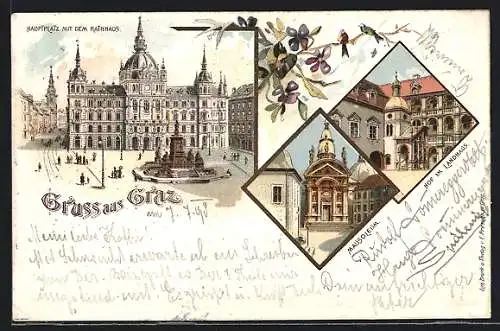 Lithographie Graz, Hof im Landhaus, Hauptplatz mit dem Rathaus, Mausoleum