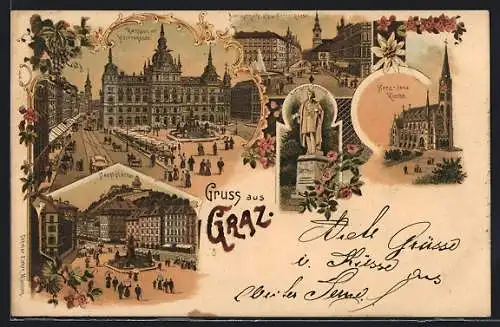 Lithographie Graz, Herz-Jesu Kirche, Hauptplatz, Rathaus mit Herrengasse
