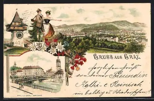 Lithographie Graz, Uhrturm, Wanderer und Frau in Tracht, Franz Carl-Brücke