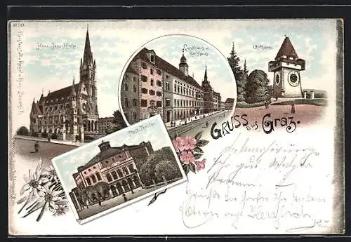 Lithographie Graz, Landhaus und Rathaus, Herz-Jesu-Kirche, Stadt-Theater, Uhrthurm