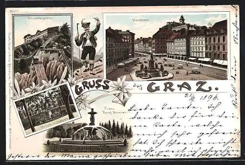 Lithographie Graz, Schlossbergbahn, Waldlilie im Stadtpark, Franz-Josef Brunnen, Hauptplatz