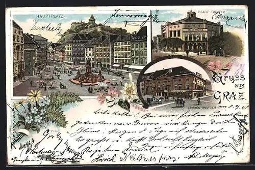Lithographie Graz, Hauptplatz, Stadt-Theater, Landes-Theater