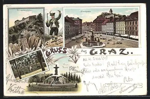 Lithographie Graz, Schlossbergbahn, Hauptplatz, Franz-Josef-Brunnen