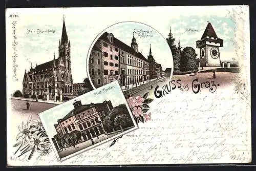 Lithographie Graz, Landhaus & Rathaus, Herz-Jesu-Kirche, Uhrturm, Stadttheater