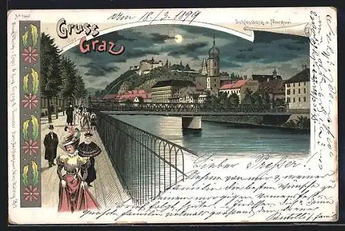 Lithographie Graz, Flaneure beim Abendspaziergang am Murquai, Blick auf den Schlossberg