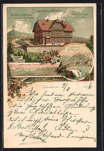 Lithographie Graz, Alpen-Hotel mit Stubenberghaus auf dem Schöckel, Nördliche Aussicht, Ortsansicht