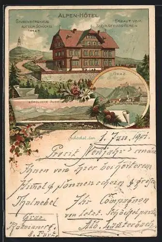 Lithographie Graz, Alpen-Hotel mit Stubenberghaus auf dem Schöckel, Nördliche Aussicht, Ortsansicht