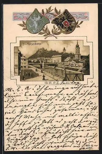 Lithographie Graz, Murquai und Schlossberg, geprägte Stadtwappen