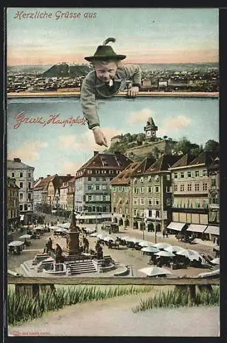 AK Graz, Ortsansicht, Hauptplatz und Schlossberg, Kind in Tracht