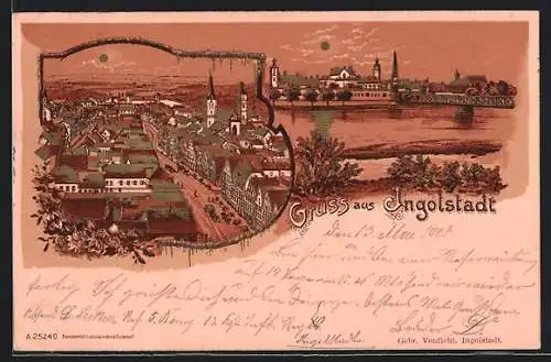 Lithographie Ingolstadt, Blick über die Stadt, Gesamtansicht mit Brücke