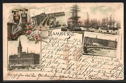 Lithographie Hamburg, 9. Deutscher Philatelistentag 1897, Hafen, Alster Arkaden