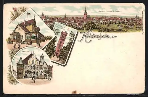Lithographie Hildesheim, Totalansicht, Rathaus, Gasthaus auf dem Galgenberg