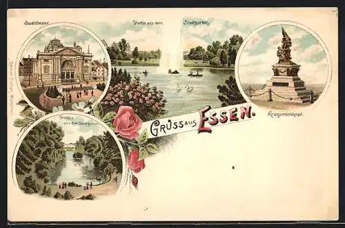 Lithographie Essen, Stadttheater, Stadtgarten, Kriegerdenkmal