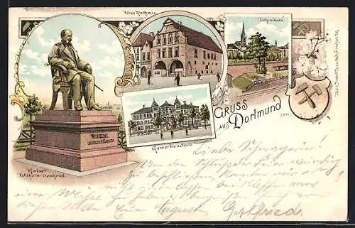 Lithographie Dortmund, Gewerbeschule, Altes Rathaus, Kaiser Wilhelm-Denkmal