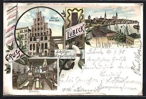 Lithographie Lübeck, Restaurant Schillergesellschaft, Partie am Hafen