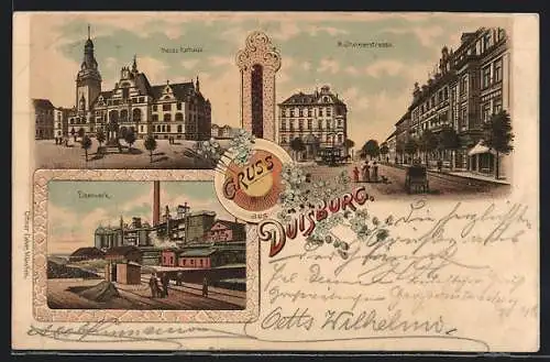 Lithographie Duisburg, Kutsche in der Mülheimerstrasse, Eisenwerk, Neues Rathaus