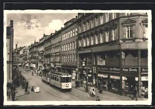 AK Chemnitz, Strassenbahn in der Poststrasse, Geschäfte