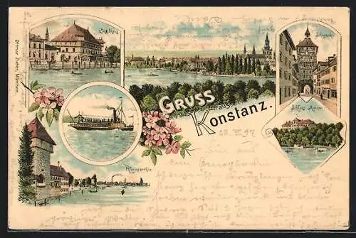 Lithographie Konstanz, Totalansicht, Schloss Mainau, Rheinpartie, Schnetztor, Dampfer