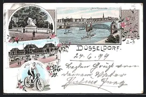 Lithographie Düsseldorf, Fahrradfahrer, Bahnhof, Neue Rheinbrücke