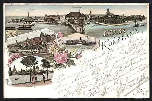 Vorläufer-Lithographie Konstanz, 1895, Kaiserliche Oberpostdirection und Bahnhof, Dampfschiff Kaiser Wilhelm