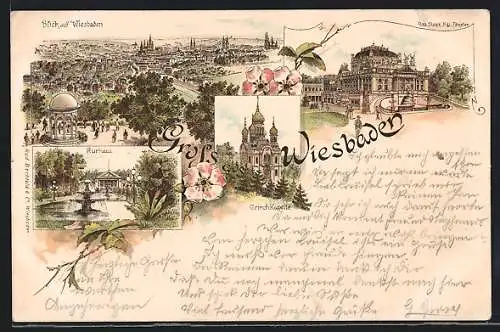 Lithographie Wiesbaden, Kurhaus, Griechische Kapelle, Totalansicht