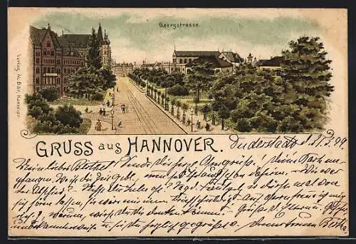 Lithographie Hannover, Georgstrasse mit Kirche
