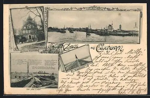 AK Cuxhaven, Schloss Ritzebüttel, die Alte Liebe, Kugelbaake, Ortsansicht von der See aus