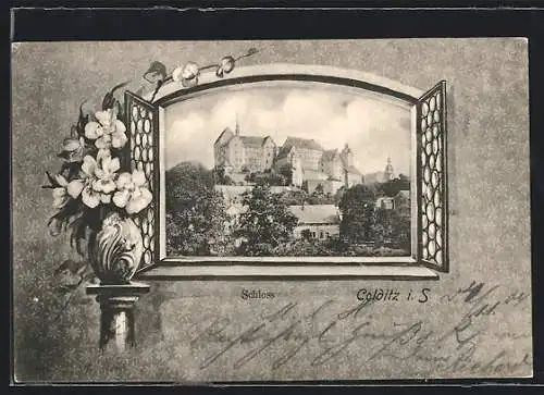 AK Colditz i. S., Schloss durch Fenster gesehen