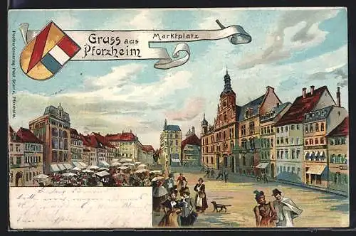 Lithographie Pforzheim, Marktplatz mit geschäftigem Treiben