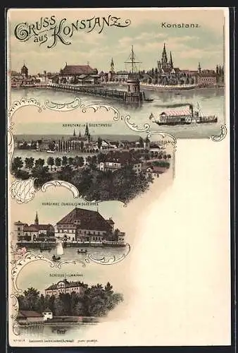 Lithographie Konstanz am Bodensee, an der Hafenmole, Stadtansicht von der Seestrasse, das Conciliumsgebäude